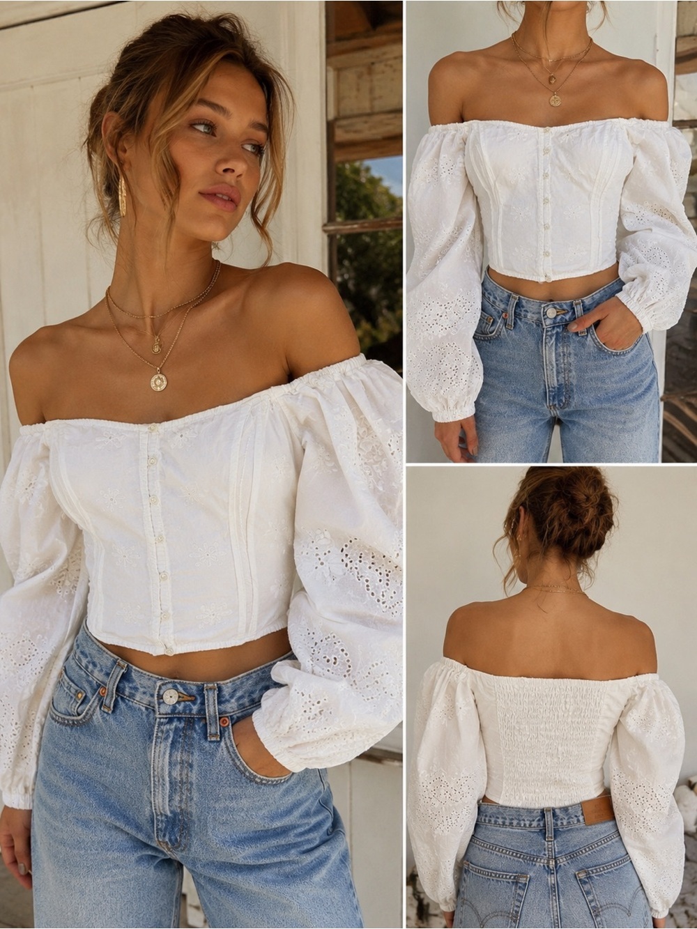 Free People White Eyelet Off Shoulder Milkmaid Peasant Crop Top Boho XS/S